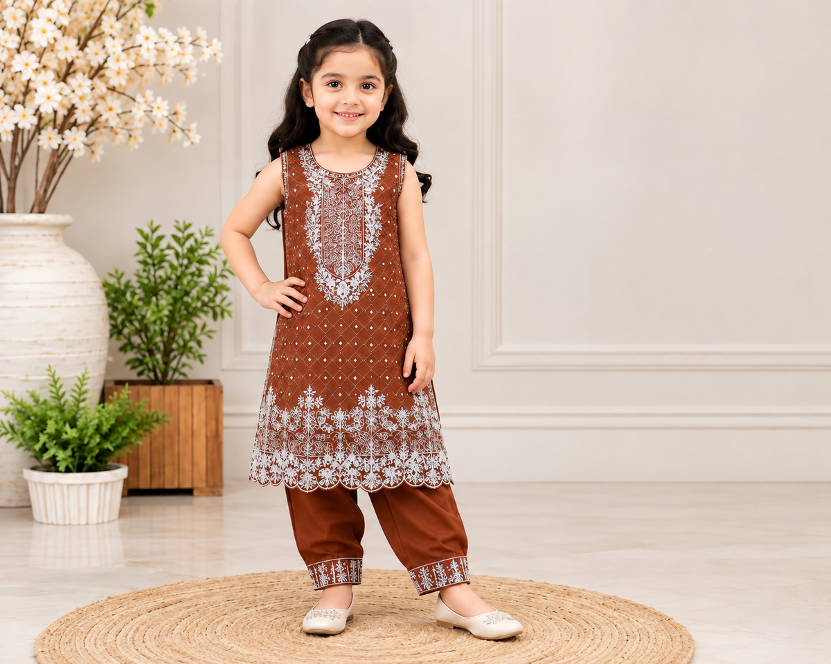 Traditional Charm Brown Dress For Little Princess - Soft & Comfortable