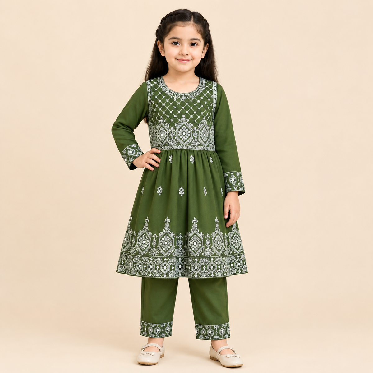Premium Quality Dark Mehndi Green Embroidered Frock Style Girls 2 Piece Suit