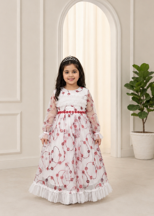Blush Blossom Vine Enchanted Gown - Sheer Sleeve Party Dress