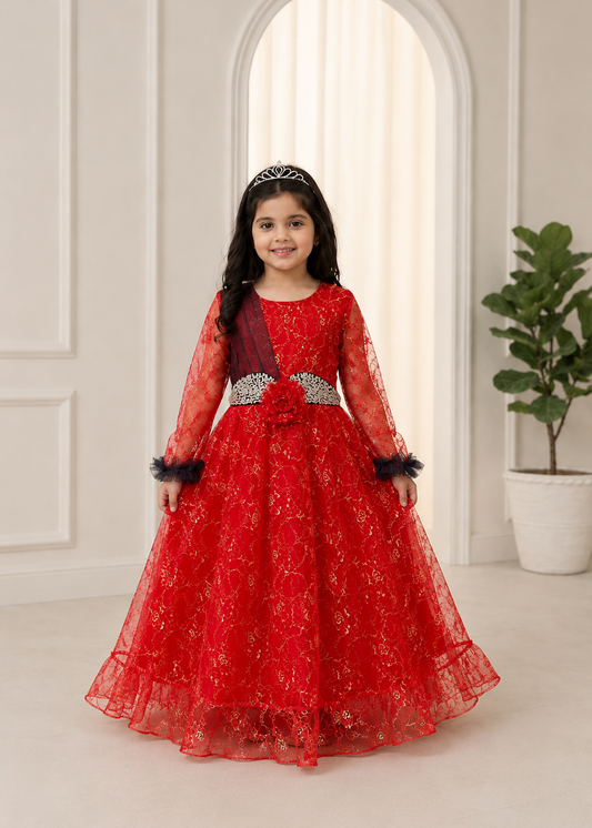 Royal Ruby Rose Embroidered Gown - Gold Lace Festive Party Dress