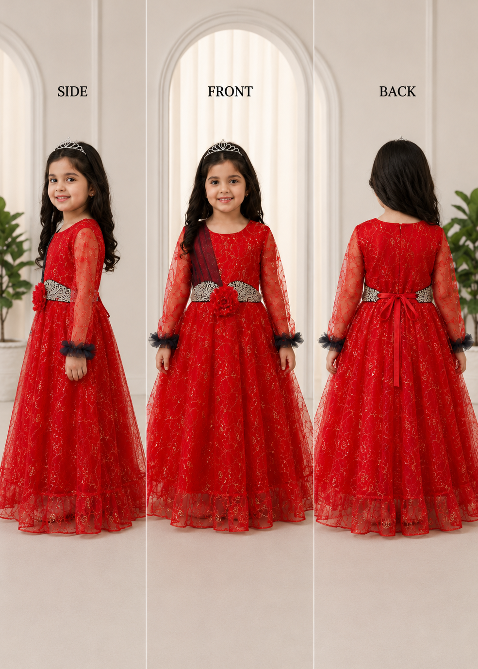 Royal Ruby Rose Embroidered Gown - Gold Lace Festive Party Dress