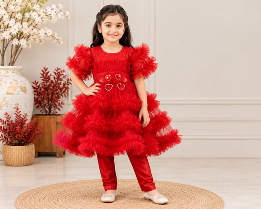 Premium Little Passion - Bright Red Heart Frill Net Frock 2-Pcs Suit For Baby Girls