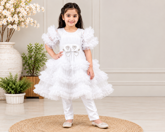 Premium Little Passion - White Heart Frill Net Frock 2-Pcs Suit For Baby Girls