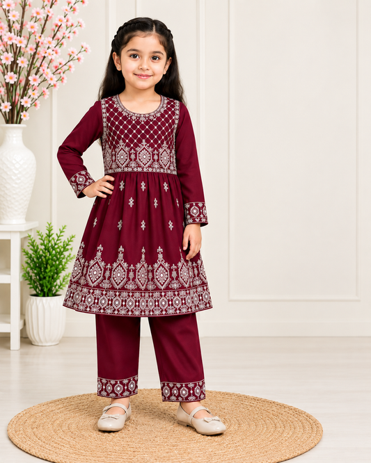 Premium Quality Maroon Embroidered Girls 2 Piece Suit - Full Sleeves Frock Style