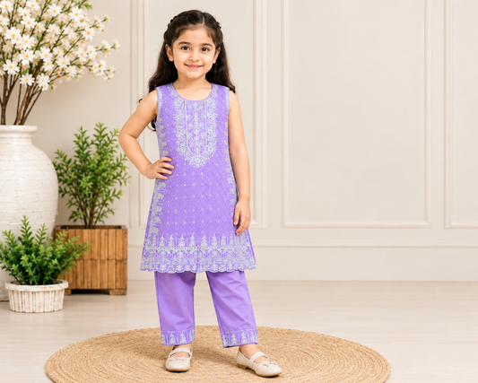 Premium Quality Purple Embroidered Girls 2 Piece Suit