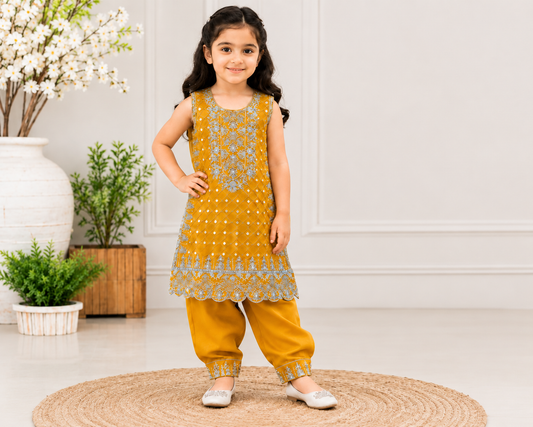 Premium Little Elegance Mustard Yellow Embroidered Girls 2 Piece Suit