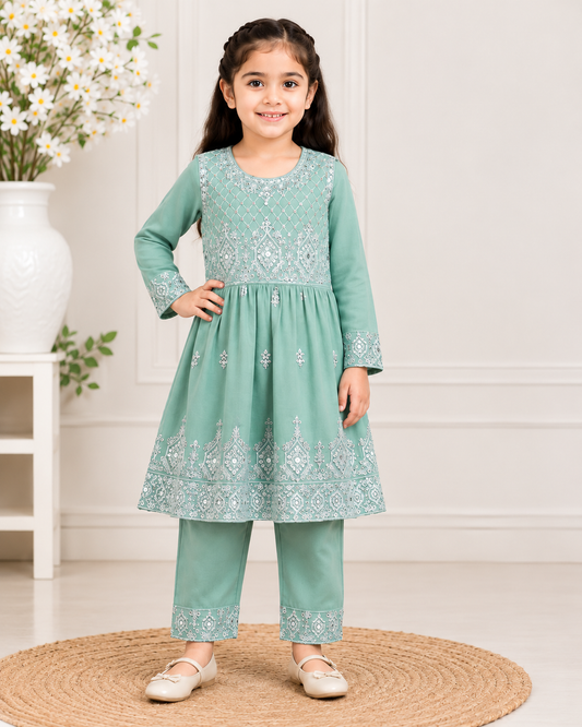 Premium Quality Mint Green Embroidered Frock Style Girls 2 Piece Suit