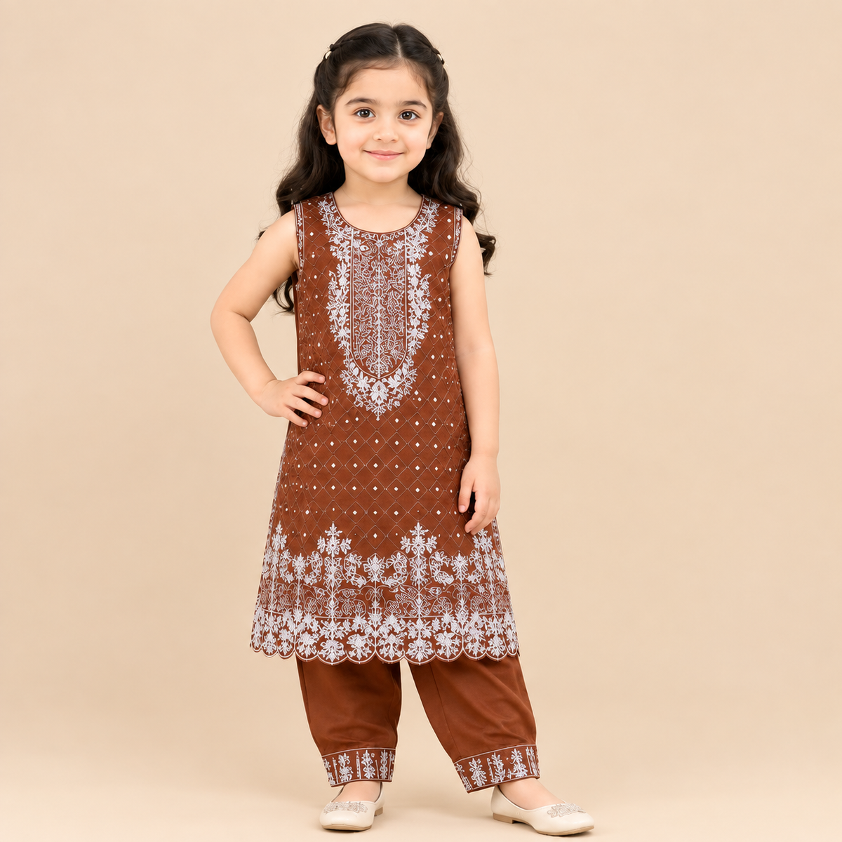 Premium Little Elegance Brown Embroidered Sleeveless Girls 2 Piece Suit