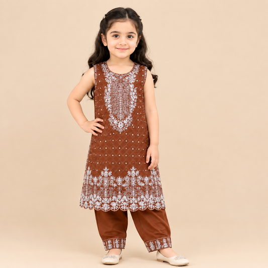 Premium Little Elegance Brown Embroidered Sleeveless Girls 2 Piece Suit