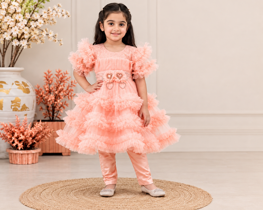 Premium Little Passion Peach Frill Net Frock - 2 Pcs Princess Dress For Girls