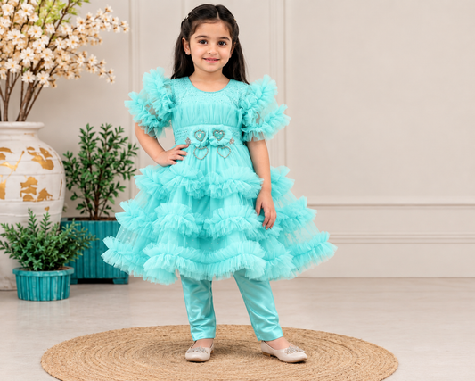 Premium Little Passion Peach Frill Net Frock - 2 Pcs Princess Dress For Girls