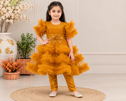 Premium Little Passion Mustard Golden Frill Net Frock - 2 Pcs Princess Dress