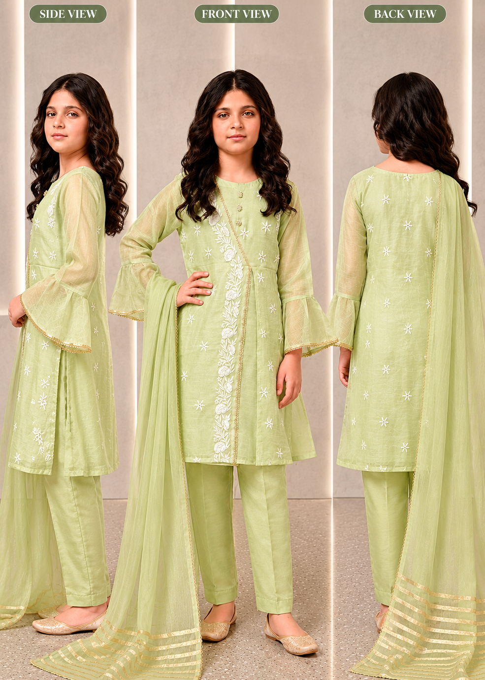 Mint Green Embroidered 3 Piece Shalwar Kameez Set for Girls